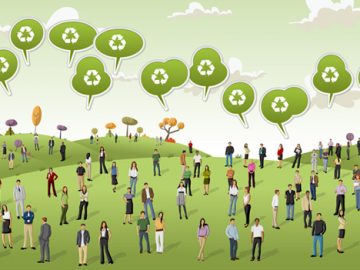 Ilustración de muchas personas sobre un prado conversando sobre medioambiente